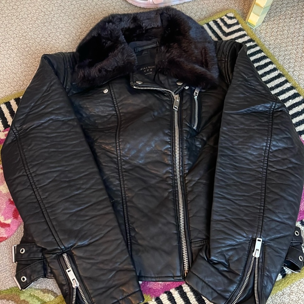 Zara women black leather with fur medium